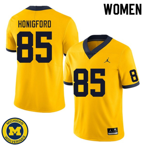 Womens Michigan Wolverines #85 Joel Honigford Yellow College Game Jersey